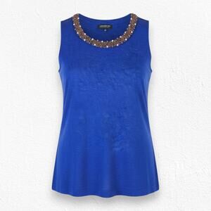 Y2K Jones New York Beaded Neck Blue Linen Blend Sleeveless Top Medium Petite